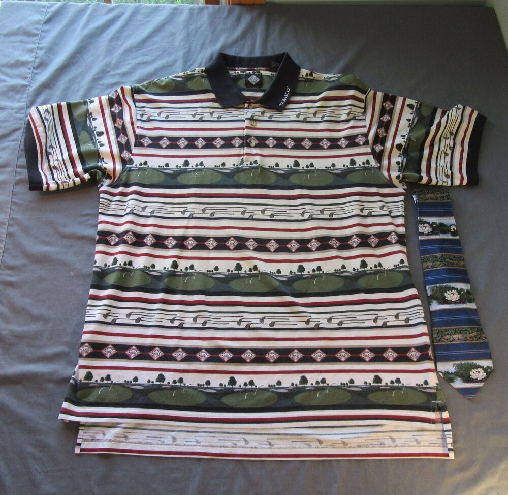 Vtg. Tabasco Golf Polo Shirt All Over Print Men's XL And Bonus Tabasco Neck Tie